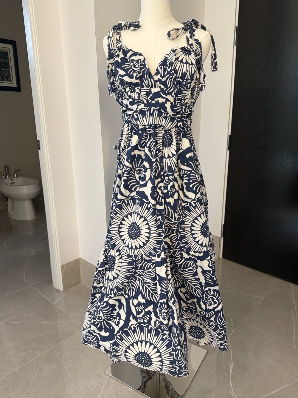 Anthropologie Navy and White Floral Tie-Shoulder Maxi Dress by Forever Your Girl